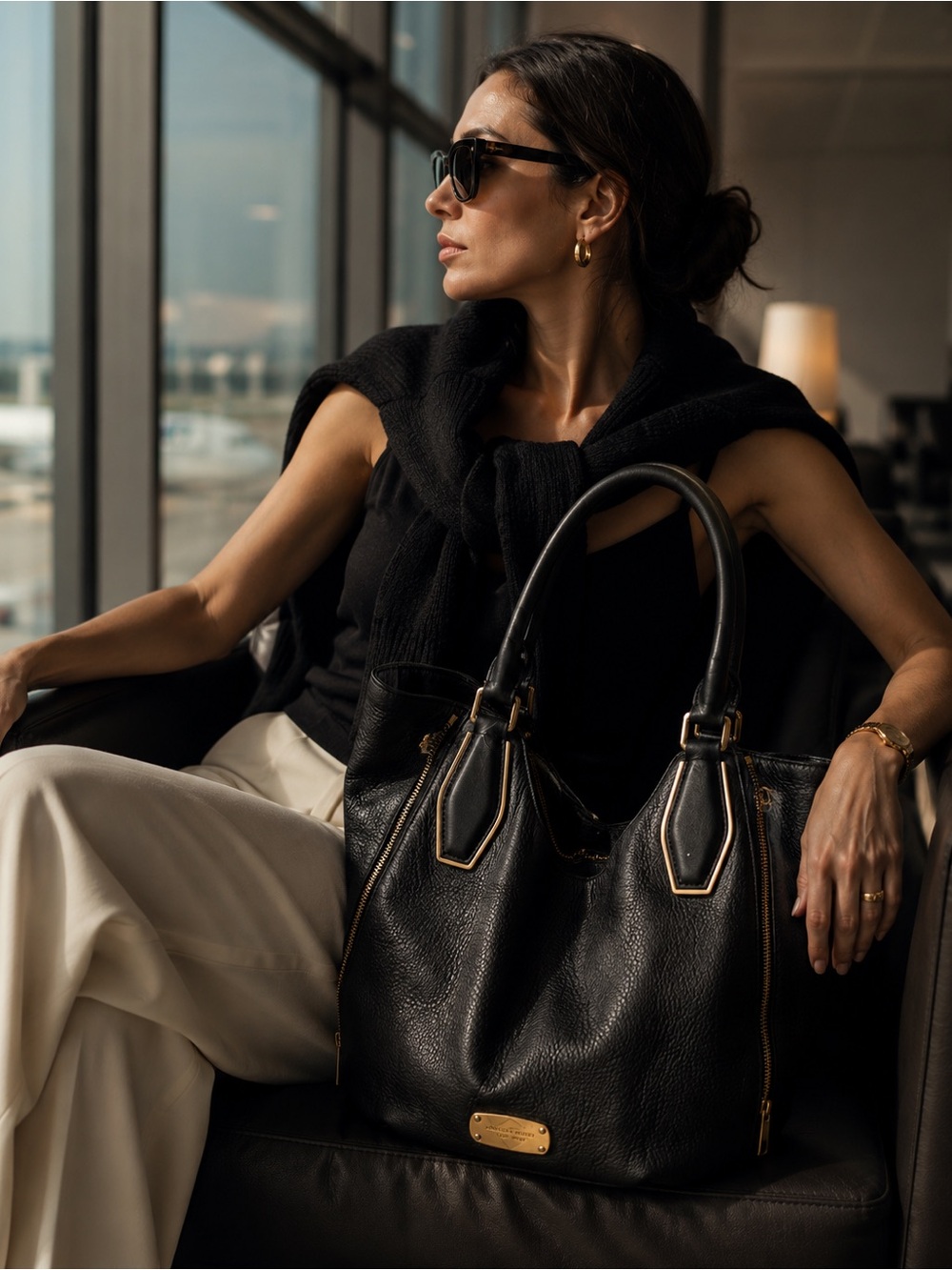 Michael Kors Black Pebbled Leather Zip-Detail Shoulder Tote | Large